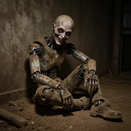 photo of an abandoned dirty cyborg sitting in the floor, looking at the camera and smiling with a creepy face in a basement by Greg Rutkowski, dark, creepy, horror, disgusting, dust, brown scheme color, uncanny valley, full shot, photo photo, depth of field, red eyes, highly detailed face