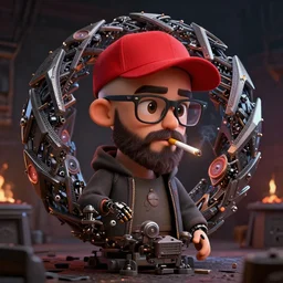a beautiful fractal mandelbulb young cute shaved ducktail bearded middle eastern man with wayfarer glasses and red baseball cap with brown eyes lighting a cigarette, blacksmith forge, film noir, by alex gray, android jones, karol bak, ayami kojima, artgerm, concept art, sharp angles, robot, 3 d, octane render, 8 k, unreal engine