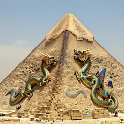 chinese dragon climbing on the side of a cyberpunk egyptian pyramid, by peter andrew jones, james jean, peter mohrbacher, claude monet, rule of thirds, sigma look, beautiful, intricate, award winning