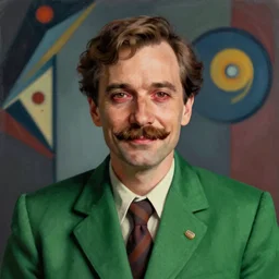 portrait of a melancholy detective wearing a 1970s green blazer with a tapered collar, mutton chops and a moustache, looking soulfully at the camera and grinning with bloodshot eyes, 44 years old mature caucasian male in the style of Jenny Saville, Alex Kanevsky, Wassily Kandinsky, Ilya Repin, expressive portrait, videogame avatar