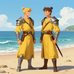 ( ( symmetric ) ) fantasy character illustration of two twins wearing yellow robes and armor, looking at each other, standing on a sandy ocean shore, trending on artstation, digital art ( by jesper ejsing ) ( by clint cearley ) ( by raluca marinescu )