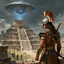 A fierce Aztec warrior watches ominous alien spacecraft flying above the Aztec temple. Intense dramatic epic sci-fi cinematic concept artwork in the style of Jacek Pilarski and Greg rutkowski and Sylvain Lorgeou. Panoramic view. Trending on artstation