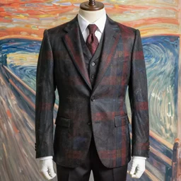 photograph of a three piece suit inspired by edvard munch's the scream. a three piece suit in the style of the scream. studio lighting