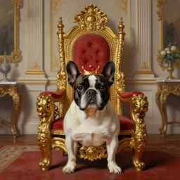 8k highly detailed oil matte painting by Charles Landelle of A French Bulldog King, decadent throne room, ornate furniture, ornate French architecture