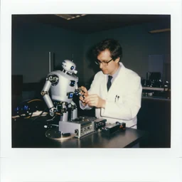 dark old polaroid of an scientist who created a robot
