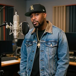 Photo of hip hop cow in a denim jacket recording a hit single in the studio