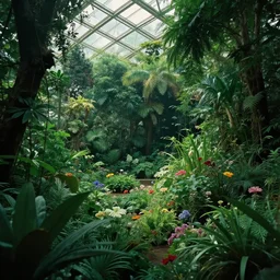 A lush green forest filled with lots of flowers and plants in a glass ceilinged building surrounded by greenery and other plants on the ground, dimly lit by natural sunlight, detailed, digital art, trending on Artstation, immaculate scale, cinematic lighting
