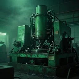 close up of an huge machine standing alone in a factory, green ambient light, light fog, creepy, cinematic still, 4k
