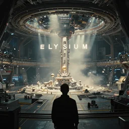 a film still from elysium by ian mcque - gigantic space docking bay, medium shot, waist up, bloom, dramatic lighting, behance, game environment design, artstation, deviant art,