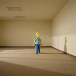 A photograph of homer simpson walking through a dark, abandoned department store where the walls, carpet and ceiling are colored beige. liminal space