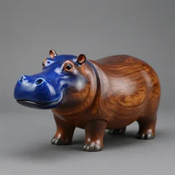 a museum - quality stylized wood and epoxy hippopotamus made of polished wood grain with a blue epoxy ceramic head, hd photograph, matte gray background