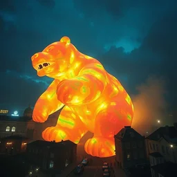 a stunning movie still from the attack of the giant gummy bear movie, panoramic photography of a translucent colorful extremely giant gummy bear destroying budapest, gozilla size, cinematic footage, by denis villeneuve, ridley scott