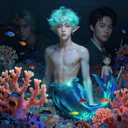 harmony of neon glowing coral, fish, ( cyan hair merman yoongi fin for ears portrait ) by wlop, james jean, victo ngai, muted colors, highly detailed, fantasy art by craig mullins, thomas kinkade,