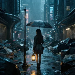 cluttered futuristic city at night, rain, girl under lantern, by Sean Foley