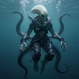 a giant pale humanoid alien, wrapped in black tentacles, floating in water, bubbles rising, photo realistic, fantasy art, volumetric lighting, by charlie bowater, by karol bak