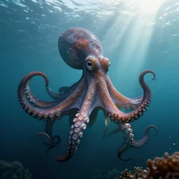 just one octopus in ocean, superwide angle, light through the mist, dramatic lighting, photorealistic, cinematic lighting, high detail, cinematic feel, high octane, 4 k, unreal engine, digital render, intricate, ultra realistic, concept art