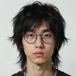 portrait of a young man, black hair, chaotic hair, rounded glasses, long face, detailed, hyperrealistic, realistic, symmetrical, by anato finnstark, by alena aenami, by john harris, by ross tran, by wlop, by andreas rocha, by artgerm