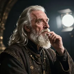 portrait of an old, medieval alchemist in the dark, he is looking into the distance thoughtfully!!. close up, energetic pose, studio lighting bright ambient lighting key light, fantasy, detailed, photorealistic portrait by michael komarck, greg rutkowski, victo ngai, artgerm and j. dickenson
