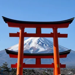 a photograph of mount fuji with a holographic red tori gate on top