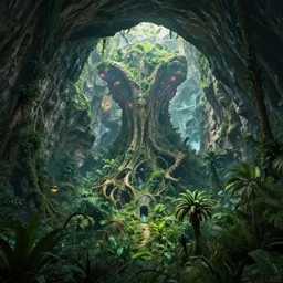 epic, ultra detailed, hyper - real alien jungle by greg rutkowski inside a giant cave by zaha hadid