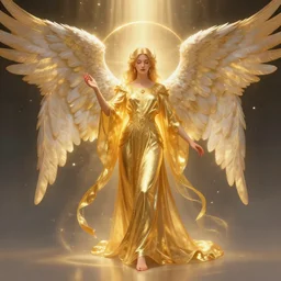 a beautiful full body angel with big wings wearing a golden kaftan, shining light, golden hora, by nekro, concept art, fantasy