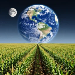 Corn farms on the moon, earth in the sky, surreal