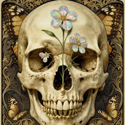 close-up portrait. horizontally symmetrical. human skull. a beautiful plant with iridescent flowers sprouts through the skull. butterfly wings texture. Intricate artwork by Aubrey Beardsley and dan mumford and beeple | iridescent