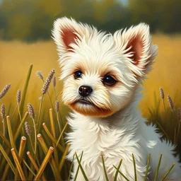 oil painting, littlest pet shop cute bichon frise puppy in field with french fries, close up, noel coypel, emile eisman - semenowsky, edouard bisson
