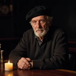 Portrait of an oldman using a beret siting in a bar, looking to the camera, artwork by Craig Mullins, black background, trending on artstation, dramatic cinematic candle light