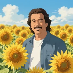 danny trejo in a field of sunflowers, art by artgerm and makoto shinkai, sunset, portrait, highly detailed, digital painting, trending on artstation, concept art, sharp focus, illustration
