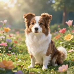 a sweet border collie pokemon in a beautiful flower landscape. chiho aoshima. very cute. beautiful. digital render.