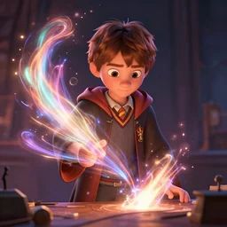 a young boy wizard with brown hair and is standing at his desk working on a new spell that is casting out flowing energy, colorful, flowing energy, light rays, consistent face, medium shot, waist up, pixar and disney animation, sharp, concept art, highly detailed, trending on artstation, bloom, dramatic lighting, cinematic