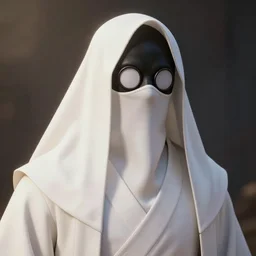 A man in a white robe with googly eyes over the robe. He has his face covered by a robe. His eyes are only shown, along with his black face. He resembles Hyness. 3D art.
