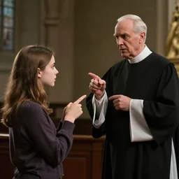 An e-girl arguing with a catholic priest, pointing fingers, photo, dramatic lighting