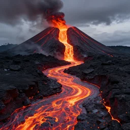 8 k hd detailed octane render of a river of molten magma flowing from a volcano
