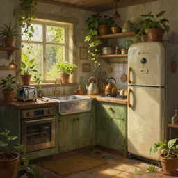 steampunk kitchen in the warm morning light, lush plants, toaster, kettle, fridge, oven, sink, machines, beautifully lit, painting, high resolution, trending on artstation