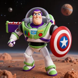 a photorealistic photograph of a knitted Buzz Lightyear themed Captain America with shield flying through outer space, Mars in distance, featuring shield - Trending on Artstation, featured on Behance, well-rendered, Unreal Engine, 4K HD