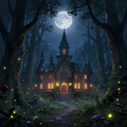 stormy night, created by jan urschel and sylvain sarrailh, the moon is hazy, the fairy magic school in the mysterious fantasy forest, many fireflies, shimmering effects, magnificent color matching, realistic matte painting, cherry, concept art, western magic forest, trending on artstation