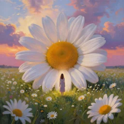 giant daisies head, full body girl standing in a flower field, surreal photography, sunrise, dramatic light, impressionist painting, colorful clouds, digital painting, artstation, simon stalenhag