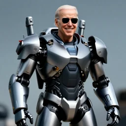 “Very photorealistic photo of Biden smiling wearing sunglasses in a giant mech suit, award-winning details”