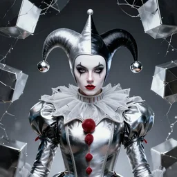 beautiful front shot photo of a court jester character fine portrait fine portrait mesmerizing fractal hyper cubes platinum cracked dark future hyper dimensional space galactic crystal nebula edges elegant detailed intricate concept artstation sharp focus ray tracing cinematic masterpiece temporal corruption beeple wlop germ 8 4 k scifi glossy hyper realistic illustration