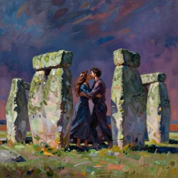 oil painting of stonehenge with intense feeling and great poignancy. the characteristics of the painting are its strong colors, its deep shadows, and its overall feeling of great movement. the style of the painting is expressive and deeply emotional.
