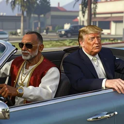 the dalli lama and Donald Trump cruising in a convertible low rider in GTA 5 4k ultra high quality