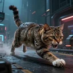 a huge chasing cat 🐱, by mark ryden in cyberpunk environment, 4 k ultra high resolution, horror, long camera shot, a 🐭 fleeing terrified