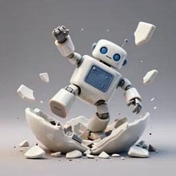 dissection of funny ceramic exploding crash miniature toy Figure mechabot falling apart 8K, zbrush, c4d, in a Studio hollow, surrounded by flying parts, explosion drawing, by pixar, beeple,