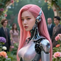 perfect android girl, rose hair, cyborg, flowers, cinematic lighting, garden, beautiful girl, kim hyun joo, advanced technology, futuristic, art by ilya kuvshinov, akiko takase, eugene gottsnake, stanislav istratov and su fu and antoine collignon
