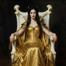perfectly centered portrait of beautiful vampire queen in gold gothic robe sitting on a throne of white bones, painting by gaston bussiere, craig mullins, j. c. leyendecker, 8 k, mid shot