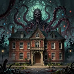 hall school, historical society, st. mary's hospital on one street, in style of mansion o madness wallpaper, 1 8 century, arkham horror, tentacles, evil fluid, dramatic, heroic, fear, insane, terrific, insane, lovecraft illustration, particles, by asher brown durand, by yoshitaka amano, fantasy digital art, colorfull, bokeh effect