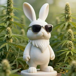 rabbit groot as marble statue, big sunglasses, long white beard, in marijuanas gardens, soft surface texture, very realistic 3 d render, soft sun lights, 4 k, high detailed photography result, 5 0 mm lens, rich deep colors, smooth gradients, depth of field, cinematic, hyper realism, high detail, octane render, unreal engine, 8 k, vibrant colors