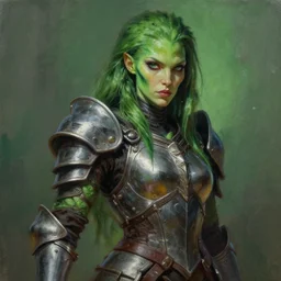 very detailed masterpiece painting of an armored warrior character portrait, alien woman with long hair and green skin, ,artstation, concept art by Greg Rutkowski, WLOP, liang xing, NeoArtCore, Zumidraws, Zumi, Axsens, Dan Mumford, Christophe Vacher